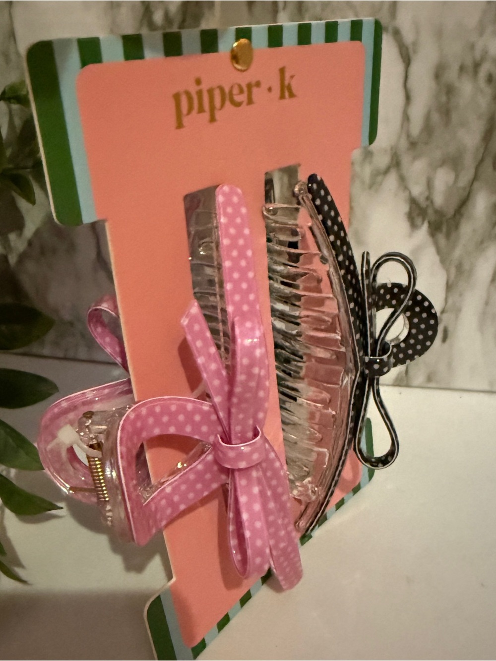Piper K Polka Dot Bow Hair Claw Clips ~ Pink and Black 2-Pack - Picture 4 of 5